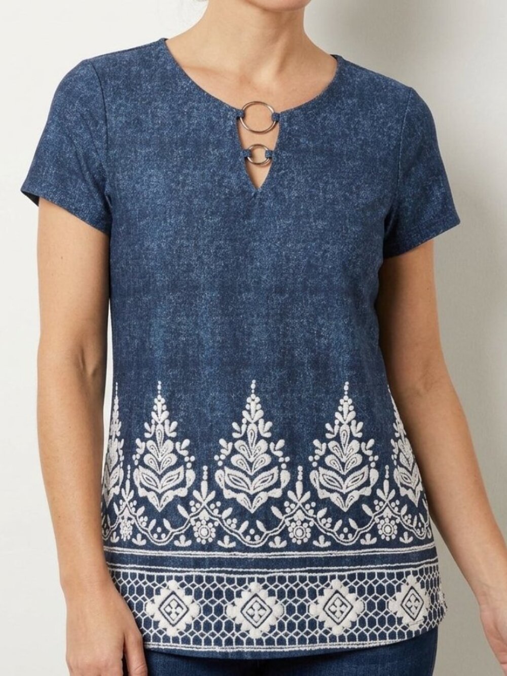 Tacera‎ Blue Short Sleeve Puff Print Shirt Size S
